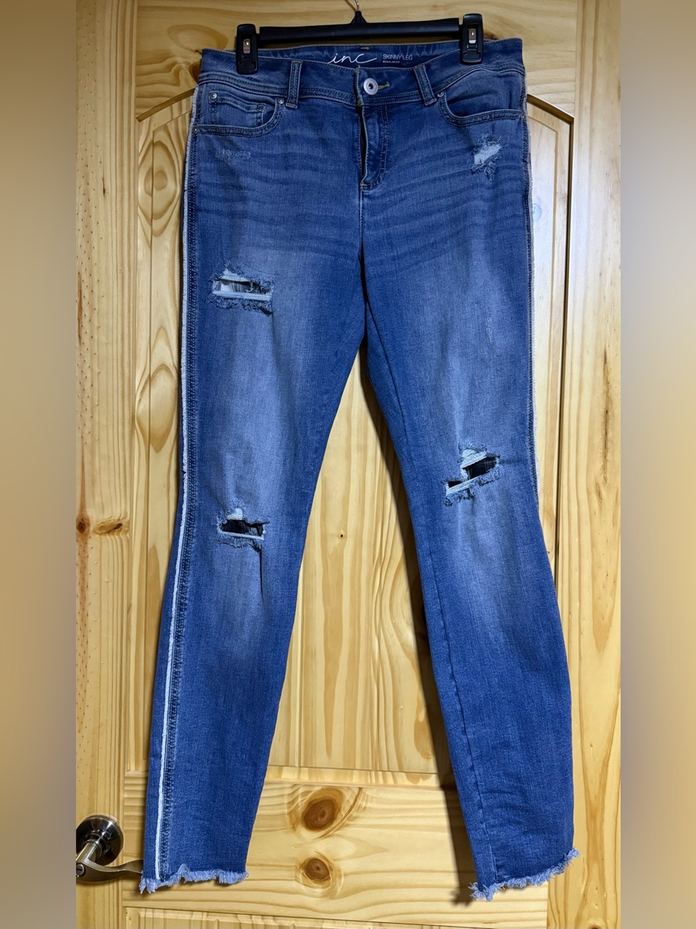 INC International Concepts Blue Distressed Jeans with Black Plaid in Holes